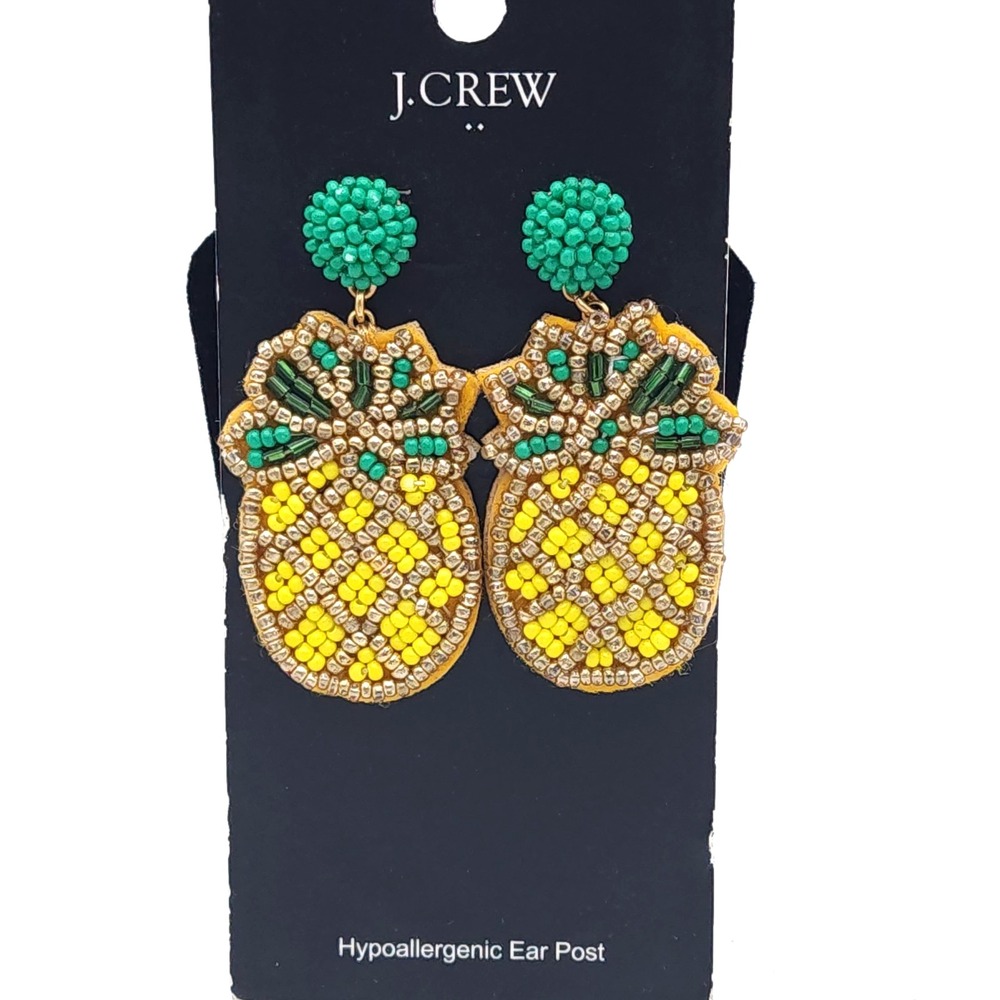 J.Crew Beaded Pineapple Statement Drop Earrings Yellow Green Hypoallergenic NWT